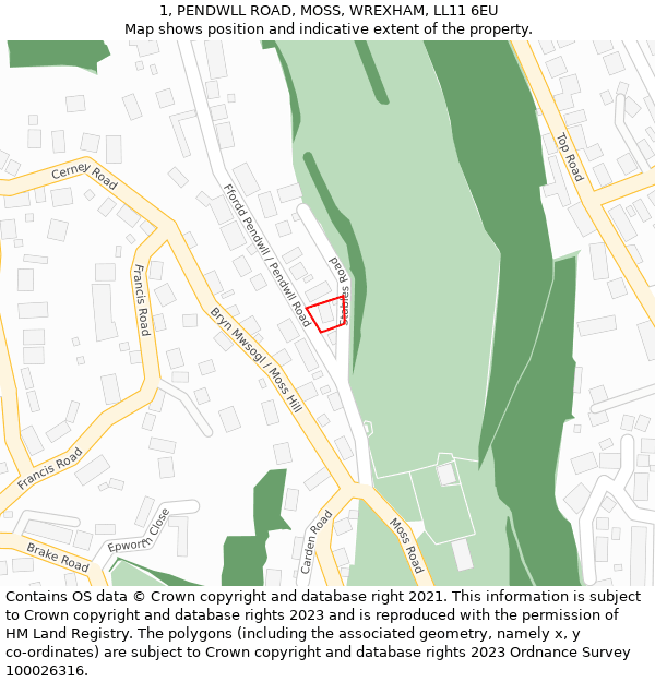 1, PENDWLL ROAD, MOSS, WREXHAM, LL11 6EU: Location map and indicative extent of plot