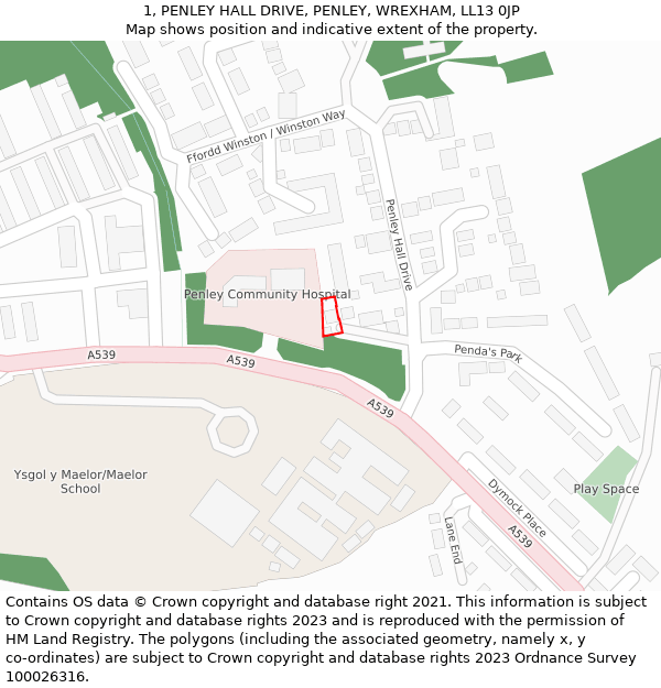 1, PENLEY HALL DRIVE, PENLEY, WREXHAM, LL13 0JP: Location map and indicative extent of plot