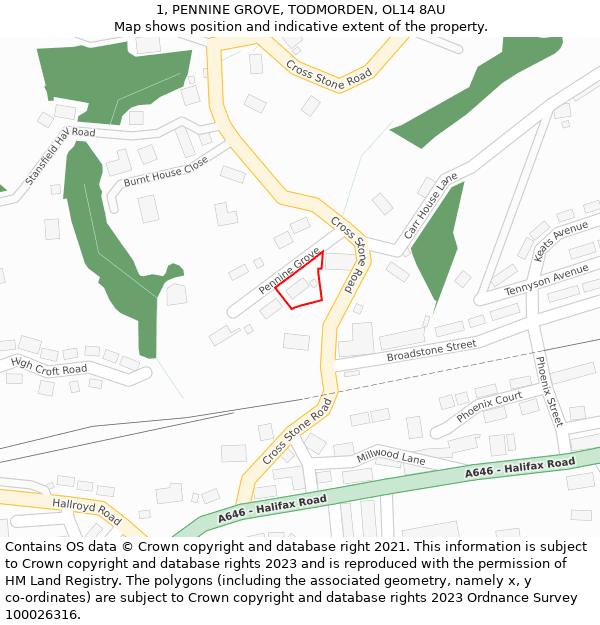 1, PENNINE GROVE, TODMORDEN, OL14 8AU: Location map and indicative extent of plot