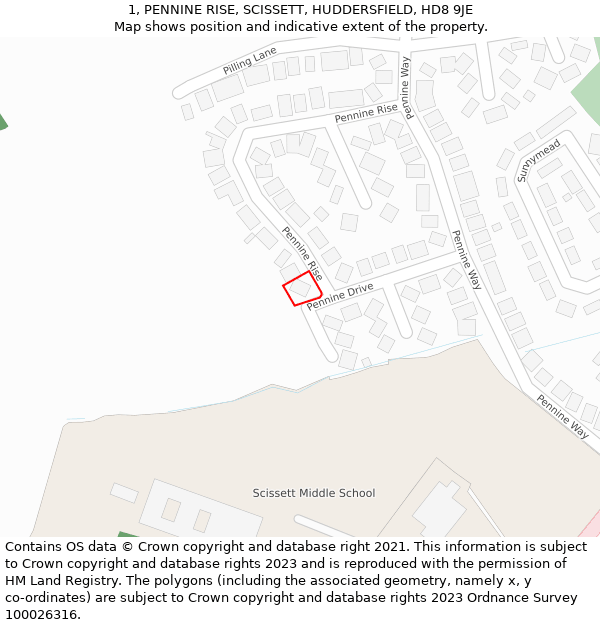 1, PENNINE RISE, SCISSETT, HUDDERSFIELD, HD8 9JE: Location map and indicative extent of plot