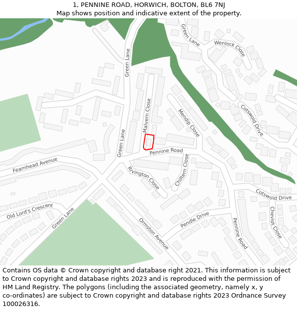 1, PENNINE ROAD, HORWICH, BOLTON, BL6 7NJ: Location map and indicative extent of plot