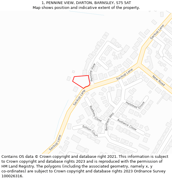1, PENNINE VIEW, DARTON, BARNSLEY, S75 5AT: Location map and indicative extent of plot