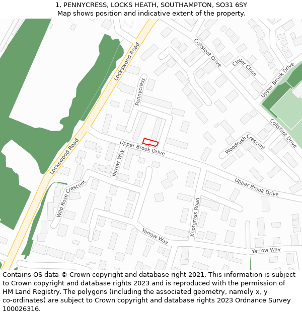 1, PENNYCRESS, LOCKS HEATH, SOUTHAMPTON, SO31 6SY: Location map and indicative extent of plot