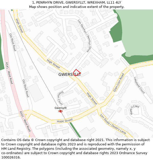 1, PENRHYN DRIVE, GWERSYLLT, WREXHAM, LL11 4LY: Location map and indicative extent of plot
