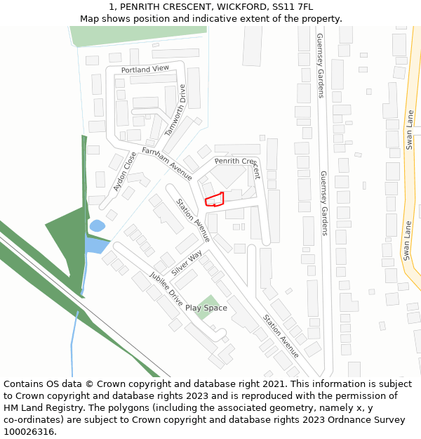 1, PENRITH CRESCENT, WICKFORD, SS11 7FL: Location map and indicative extent of plot