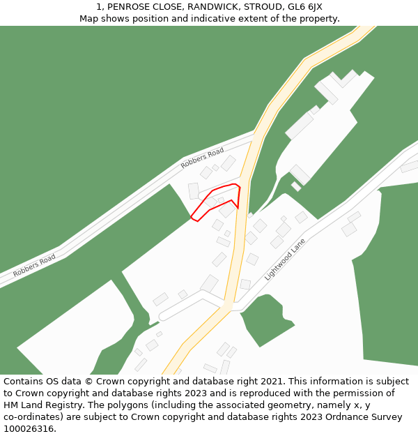 1, PENROSE CLOSE, RANDWICK, STROUD, GL6 6JX: Location map and indicative extent of plot