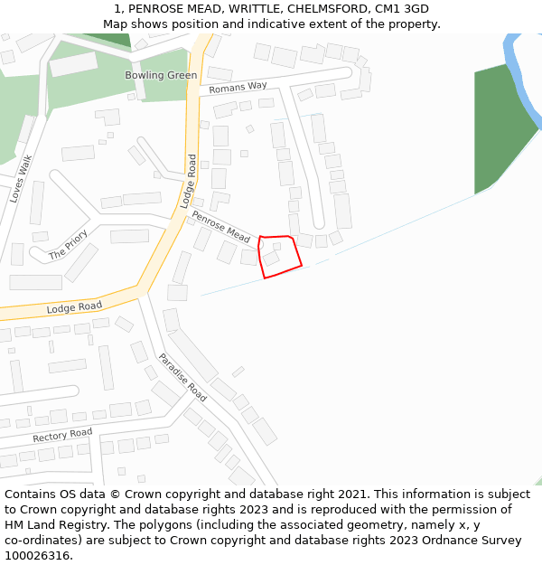1, PENROSE MEAD, WRITTLE, CHELMSFORD, CM1 3GD: Location map and indicative extent of plot