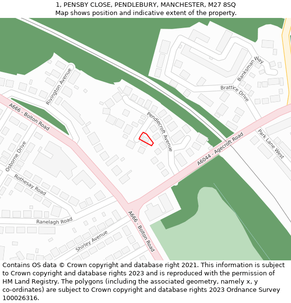 1, PENSBY CLOSE, PENDLEBURY, MANCHESTER, M27 8SQ: Location map and indicative extent of plot