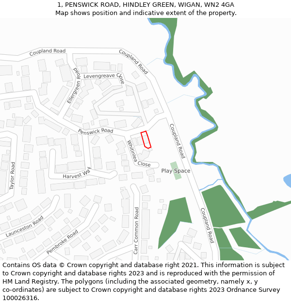 1, PENSWICK ROAD, HINDLEY GREEN, WIGAN, WN2 4GA: Location map and indicative extent of plot