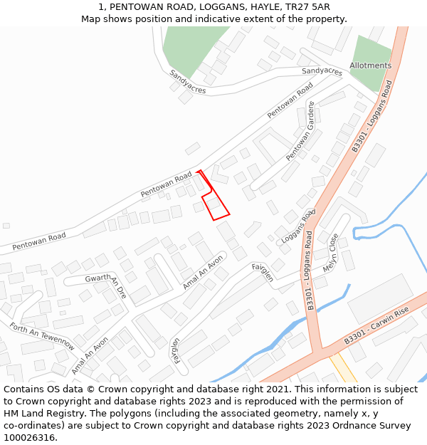 1, PENTOWAN ROAD, LOGGANS, HAYLE, TR27 5AR: Location map and indicative extent of plot