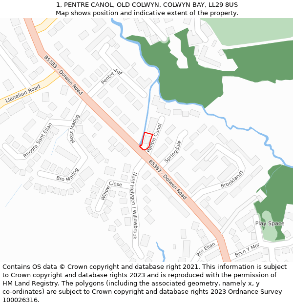 1, PENTRE CANOL, OLD COLWYN, COLWYN BAY, LL29 8US: Location map and indicative extent of plot