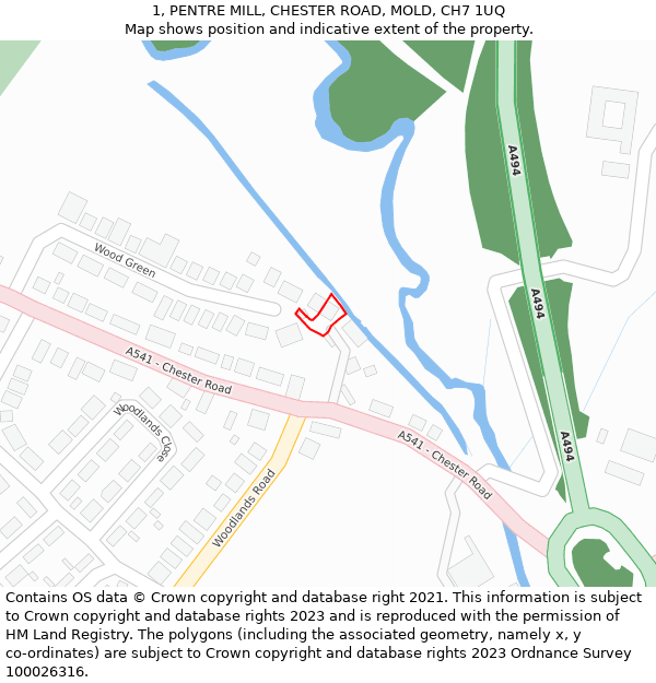 1, PENTRE MILL, CHESTER ROAD, MOLD, CH7 1UQ: Location map and indicative extent of plot