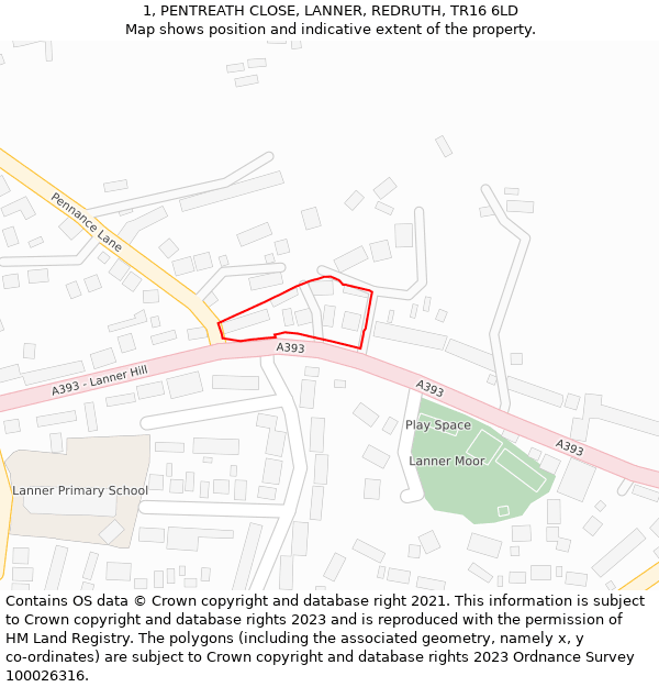 1, PENTREATH CLOSE, LANNER, REDRUTH, TR16 6LD: Location map and indicative extent of plot