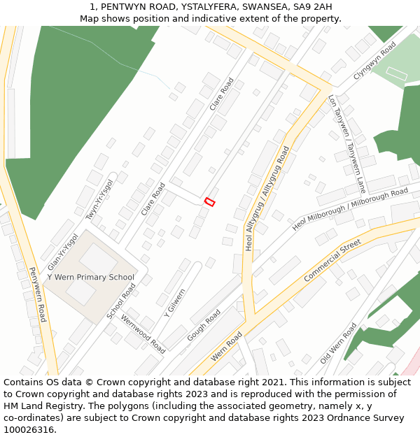 1, PENTWYN ROAD, YSTALYFERA, SWANSEA, SA9 2AH: Location map and indicative extent of plot