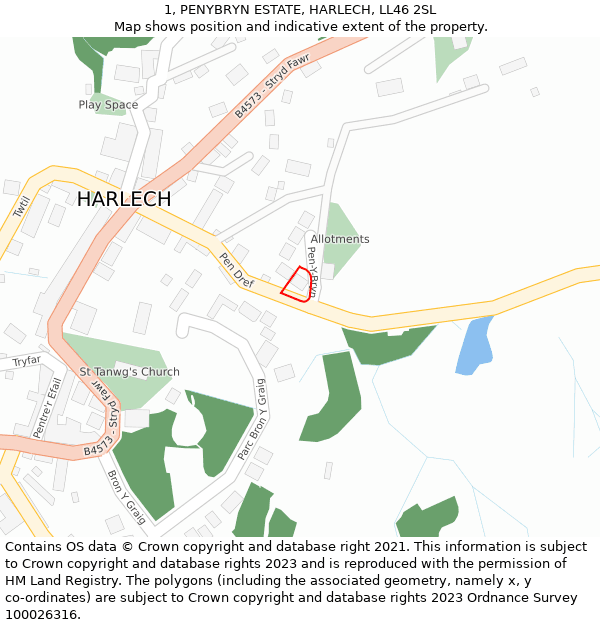 1, PENYBRYN ESTATE, HARLECH, LL46 2SL: Location map and indicative extent of plot