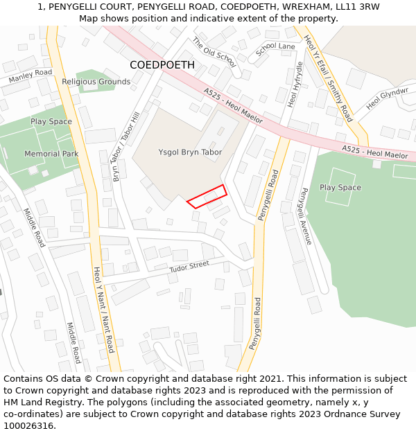 1, PENYGELLI COURT, PENYGELLI ROAD, COEDPOETH, WREXHAM, LL11 3RW: Location map and indicative extent of plot