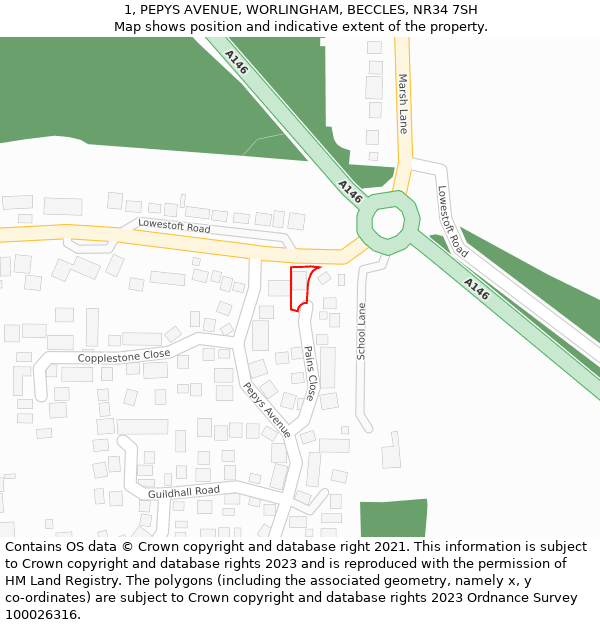 1, PEPYS AVENUE, WORLINGHAM, BECCLES, NR34 7SH: Location map and indicative extent of plot
