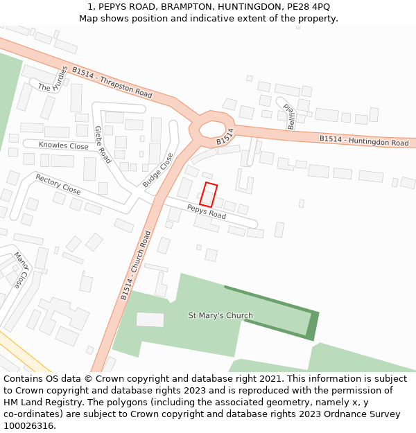 1, PEPYS ROAD, BRAMPTON, HUNTINGDON, PE28 4PQ: Location map and indicative extent of plot
