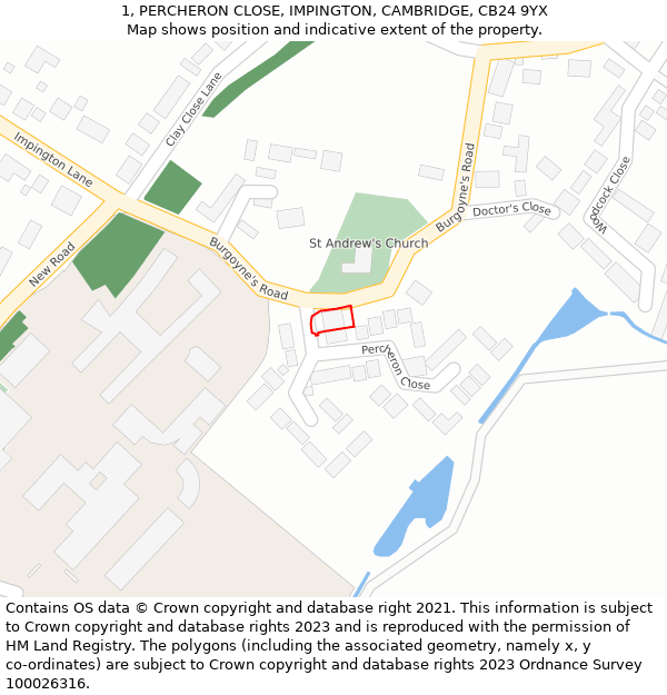 1, PERCHERON CLOSE, IMPINGTON, CAMBRIDGE, CB24 9YX: Location map and indicative extent of plot