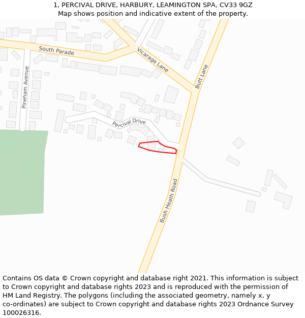 1, PERCIVAL DRIVE, HARBURY, LEAMINGTON SPA, CV33 9GZ: Location map and indicative extent of plot