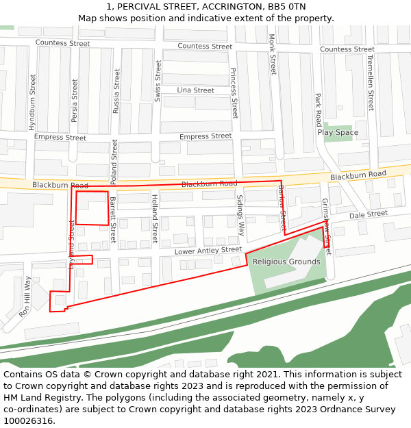 1, PERCIVAL STREET, ACCRINGTON, BB5 0TN: Location map and indicative extent of plot