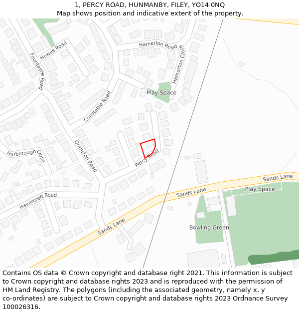 1, PERCY ROAD, HUNMANBY, FILEY, YO14 0NQ: Location map and indicative extent of plot
