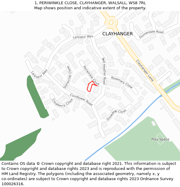 1, PERIWINKLE CLOSE, CLAYHANGER, WALSALL, WS8 7RL: Location map and indicative extent of plot