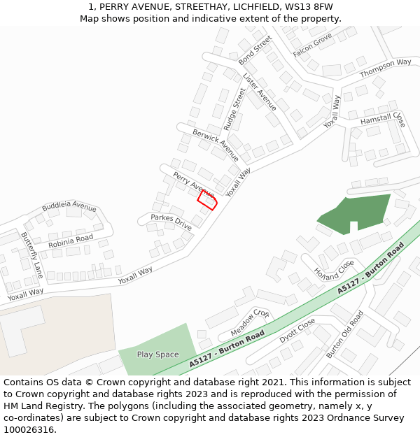 1, PERRY AVENUE, STREETHAY, LICHFIELD, WS13 8FW: Location map and indicative extent of plot