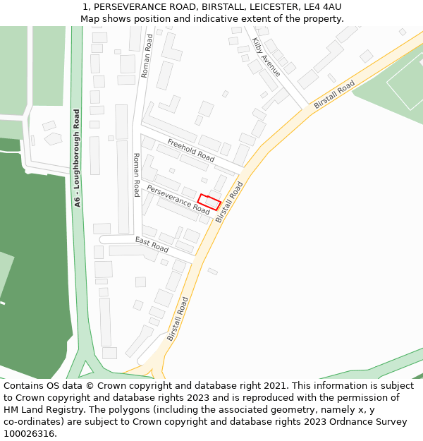 1, PERSEVERANCE ROAD, BIRSTALL, LEICESTER, LE4 4AU: Location map and indicative extent of plot
