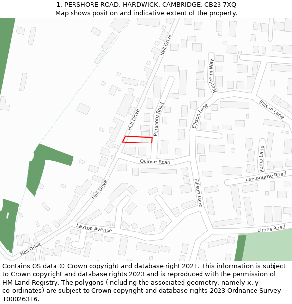 1, PERSHORE ROAD, HARDWICK, CAMBRIDGE, CB23 7XQ: Location map and indicative extent of plot