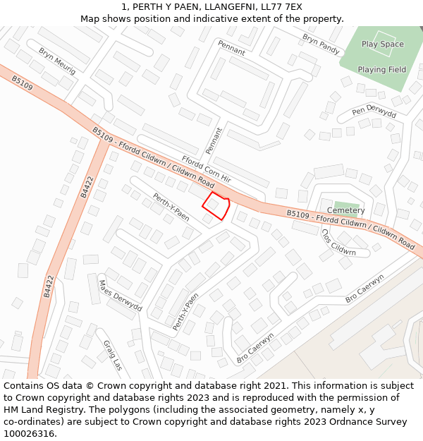 1, PERTH Y PAEN, LLANGEFNI, LL77 7EX: Location map and indicative extent of plot