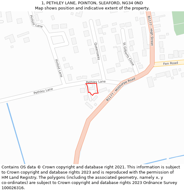 1, PETHLEY LANE, POINTON, SLEAFORD, NG34 0ND: Location map and indicative extent of plot