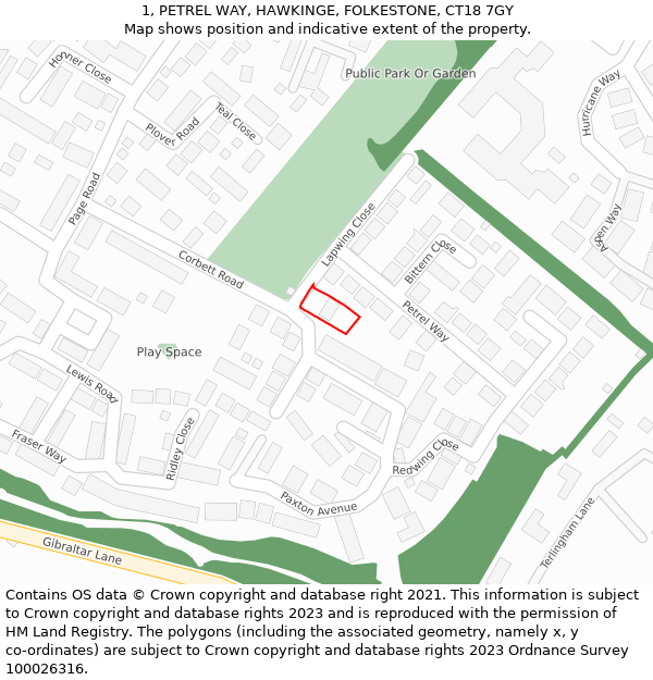 1, PETREL WAY, HAWKINGE, FOLKESTONE, CT18 7GY: Location map and indicative extent of plot