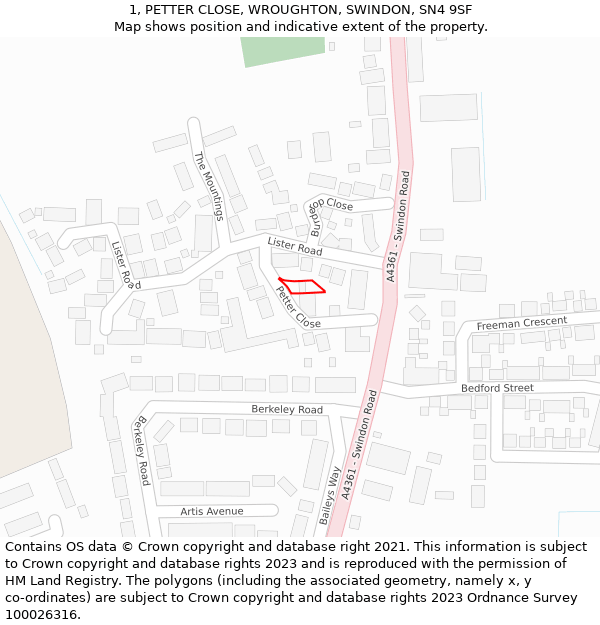 1, PETTER CLOSE, WROUGHTON, SWINDON, SN4 9SF: Location map and indicative extent of plot