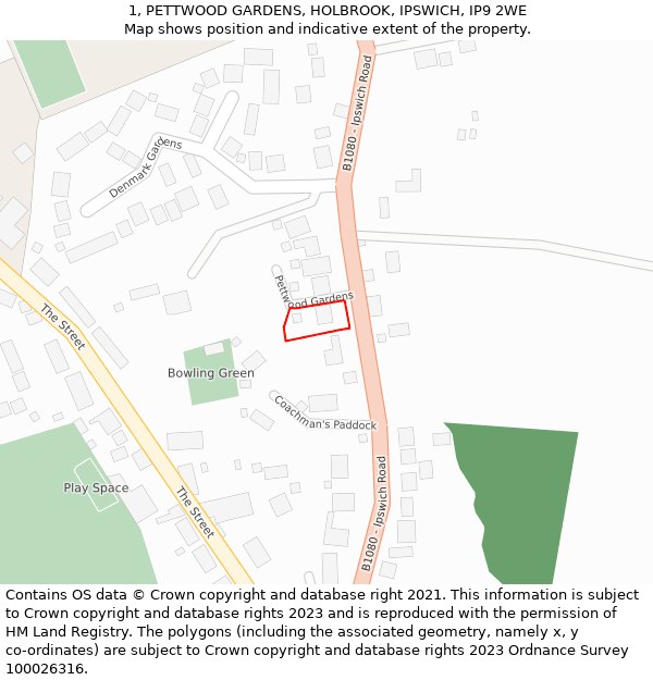 1, PETTWOOD GARDENS, HOLBROOK, IPSWICH, IP9 2WE: Location map and indicative extent of plot