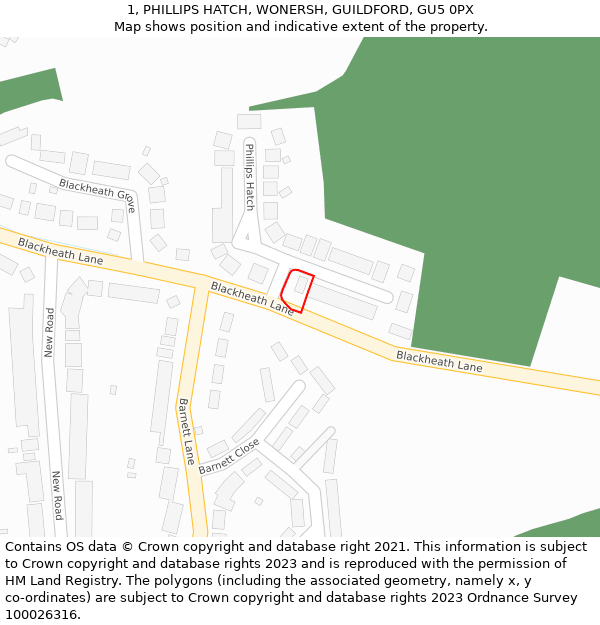 1, PHILLIPS HATCH, WONERSH, GUILDFORD, GU5 0PX: Location map and indicative extent of plot