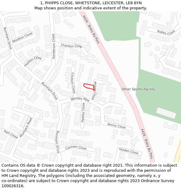 1, PHIPPS CLOSE, WHETSTONE, LEICESTER, LE8 6YN: Location map and indicative extent of plot