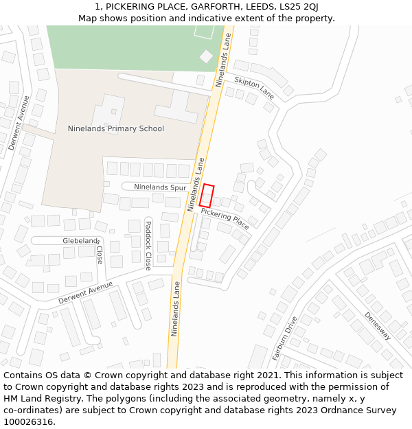 1, PICKERING PLACE, GARFORTH, LEEDS, LS25 2QJ: Location map and indicative extent of plot