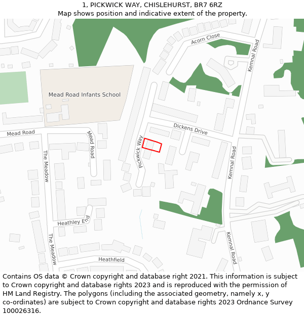1, PICKWICK WAY, CHISLEHURST, BR7 6RZ: Location map and indicative extent of plot