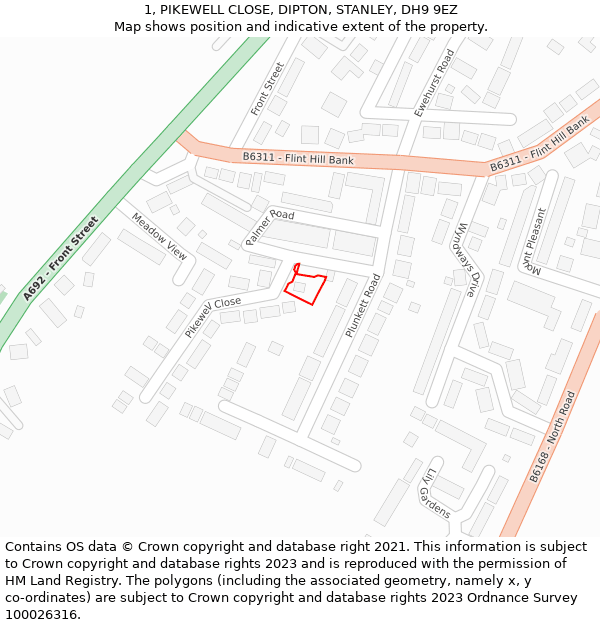 1, PIKEWELL CLOSE, DIPTON, STANLEY, DH9 9EZ: Location map and indicative extent of plot