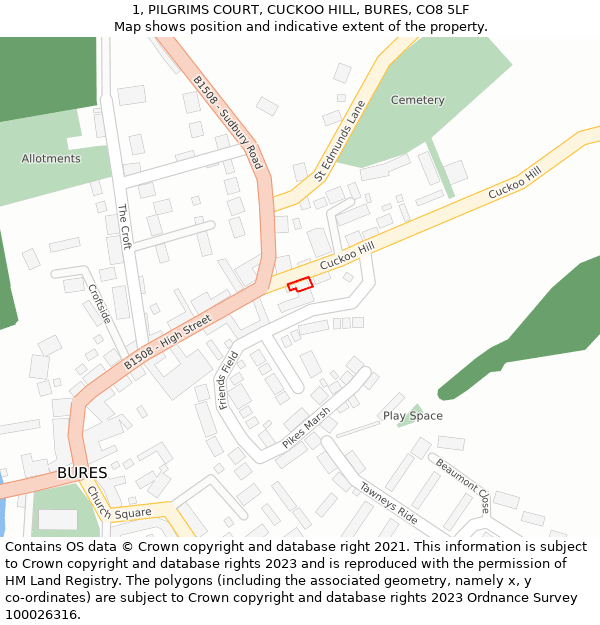 1, PILGRIMS COURT, CUCKOO HILL, BURES, CO8 5LF: Location map and indicative extent of plot