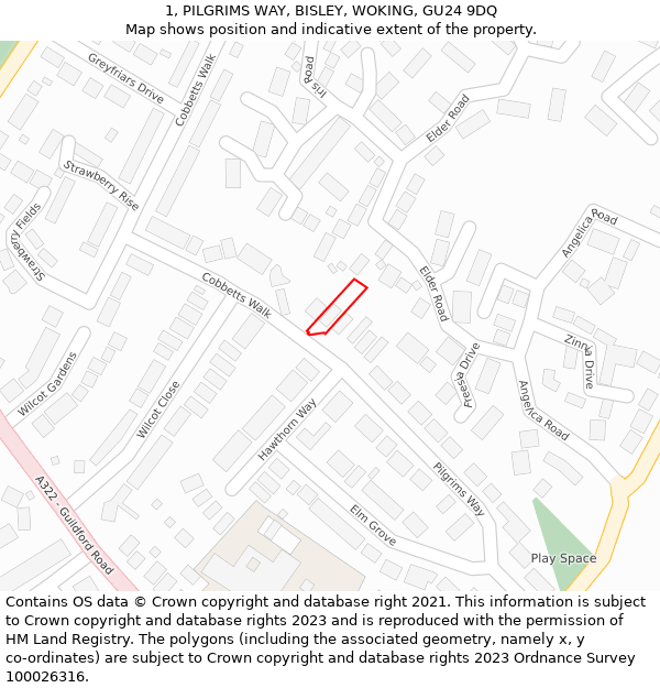 1, PILGRIMS WAY, BISLEY, WOKING, GU24 9DQ: Location map and indicative extent of plot