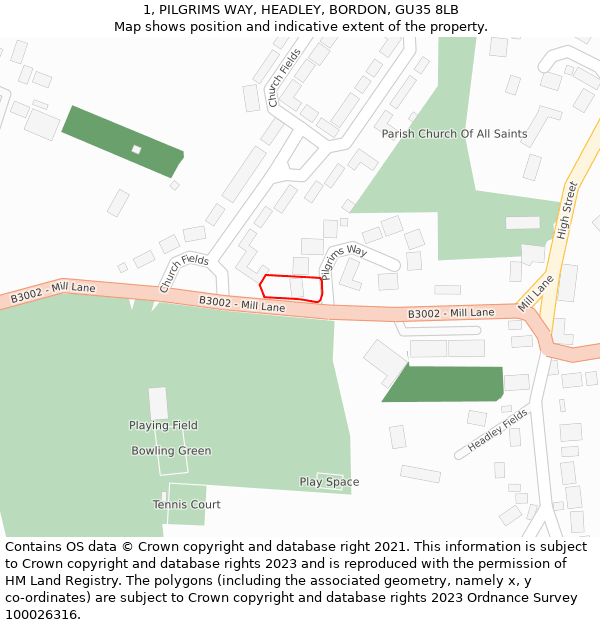 1, PILGRIMS WAY, HEADLEY, BORDON, GU35 8LB: Location map and indicative extent of plot