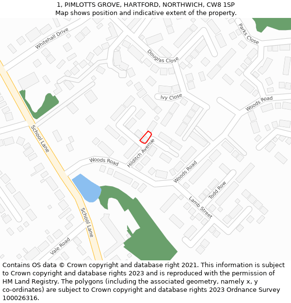 1, PIMLOTTS GROVE, HARTFORD, NORTHWICH, CW8 1SP: Location map and indicative extent of plot