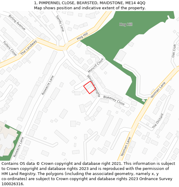 1, PIMPERNEL CLOSE, BEARSTED, MAIDSTONE, ME14 4QQ: Location map and indicative extent of plot