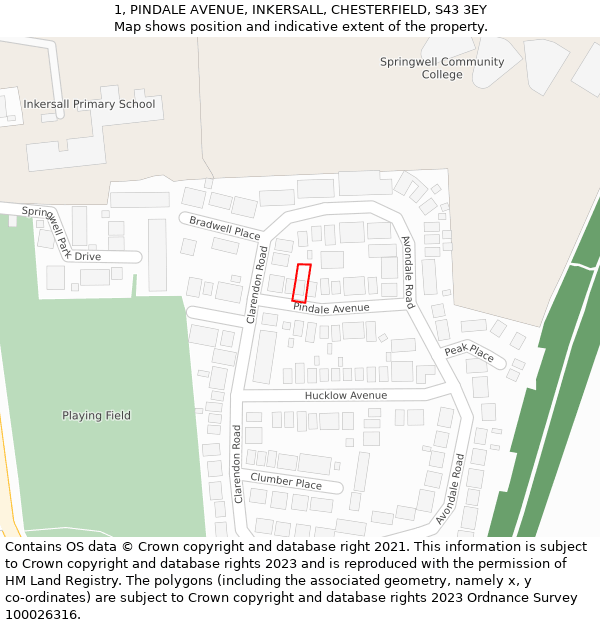 1, PINDALE AVENUE, INKERSALL, CHESTERFIELD, S43 3EY: Location map and indicative extent of plot