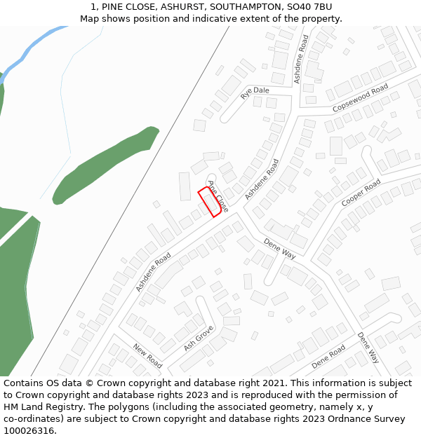 1, PINE CLOSE, ASHURST, SOUTHAMPTON, SO40 7BU: Location map and indicative extent of plot