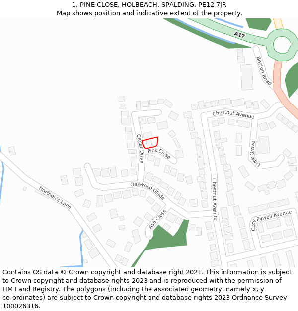 1, PINE CLOSE, HOLBEACH, SPALDING, PE12 7JR: Location map and indicative extent of plot