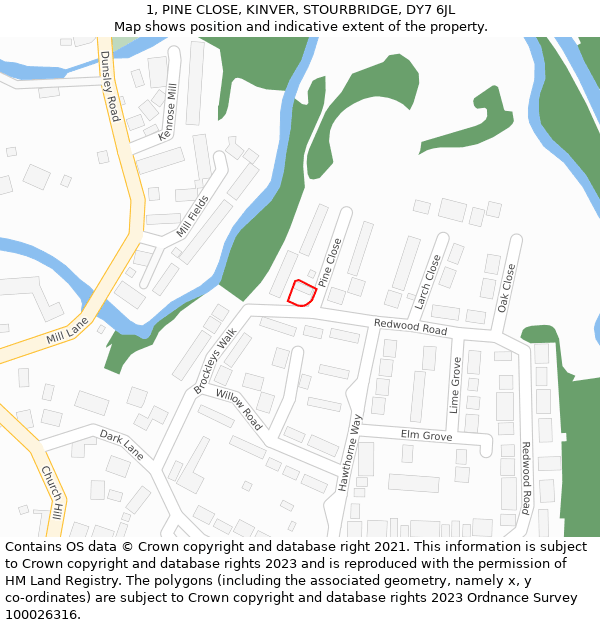 1, PINE CLOSE, KINVER, STOURBRIDGE, DY7 6JL: Location map and indicative extent of plot