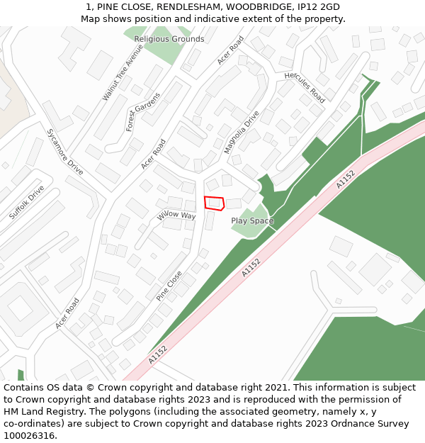 1, PINE CLOSE, RENDLESHAM, WOODBRIDGE, IP12 2GD: Location map and indicative extent of plot